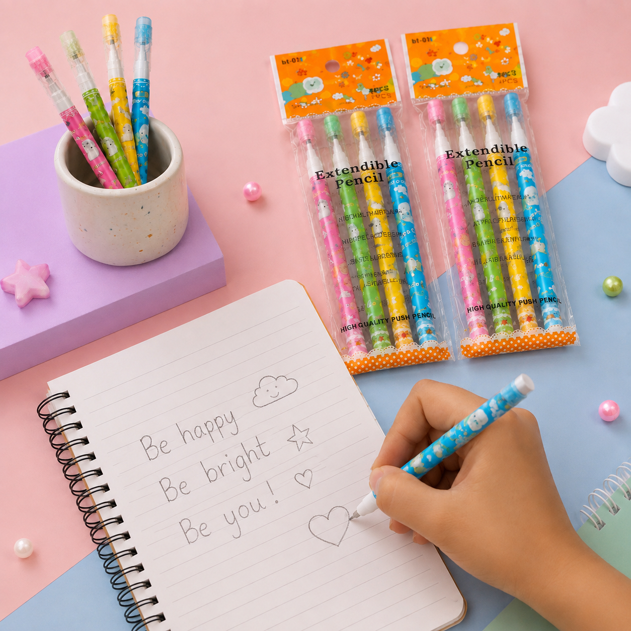 Cute Cartoon Extendable Push Pencils – 4 Pcs Multicolor Pencil Set for Kids