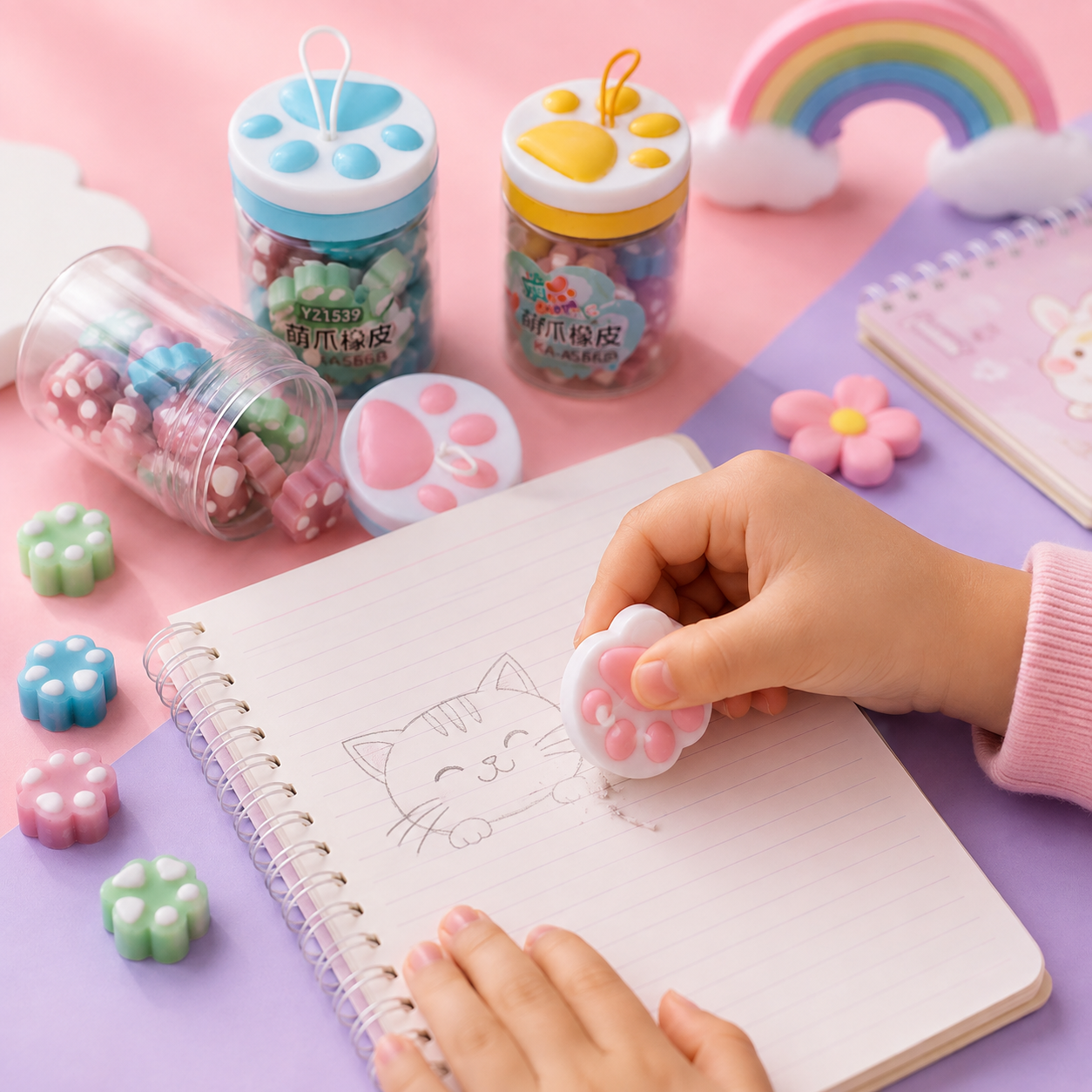 Cute Paw-Shaped Eraser Set for Kids – Colorful Cartoon Pencil Erasers