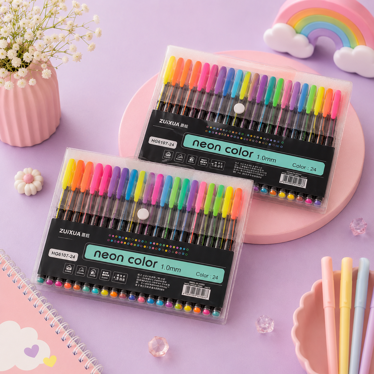 24 Colors Neon Gel Pen Set – Colorful 1.0mm Pens for Kids, Art & Craft
