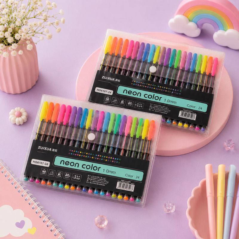 24 Colors Neon Gel Pen Set – Colorful 1.0mm Pens for Kids, Art & Craft