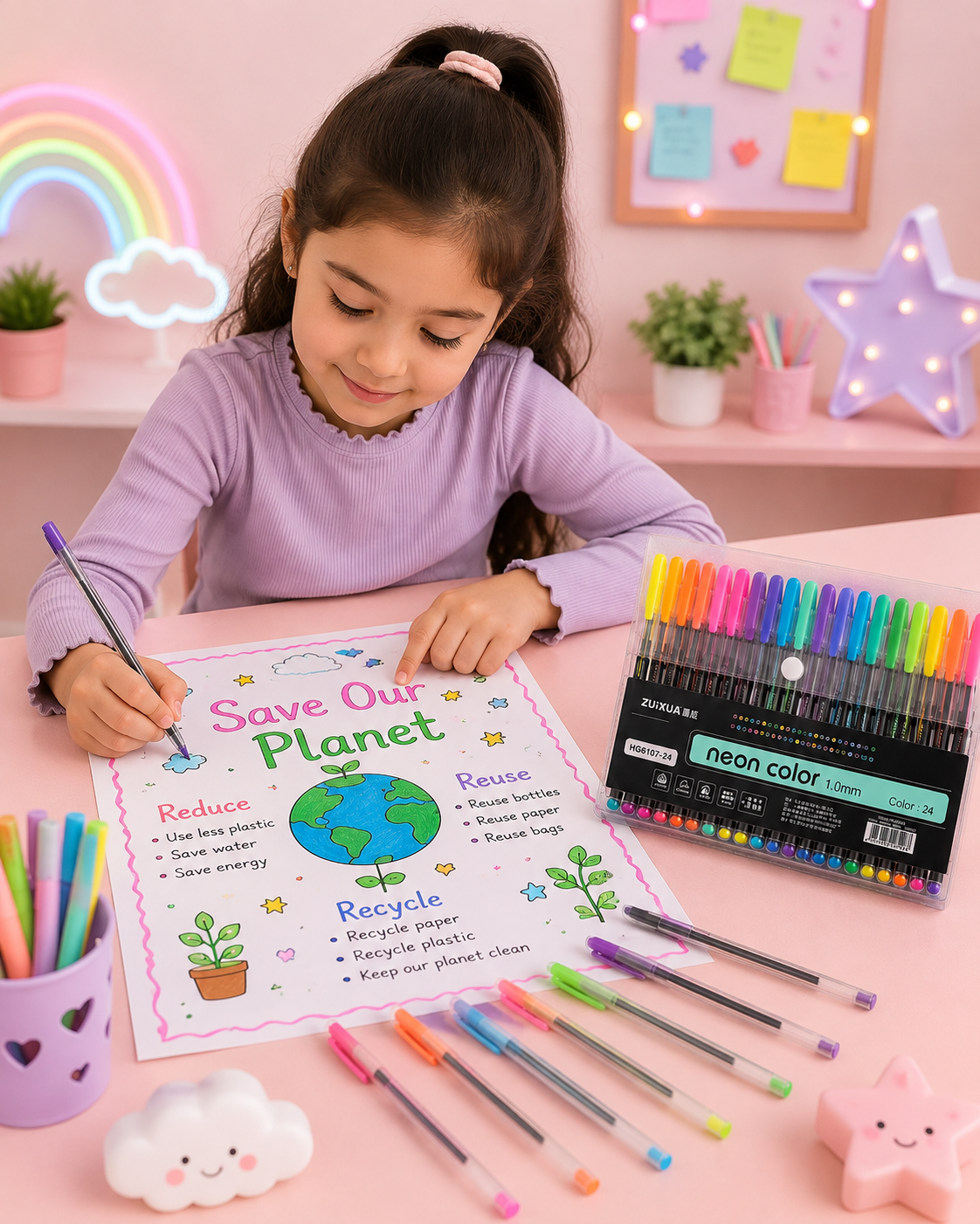 24 Colors Neon Gel Pen Set – Colorful 1.0mm Pens for Kids, Art & Craft