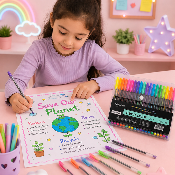 24 Colors Neon Gel Pen Set – Colorful 1.0mm Pens for Kids, Art & Craft