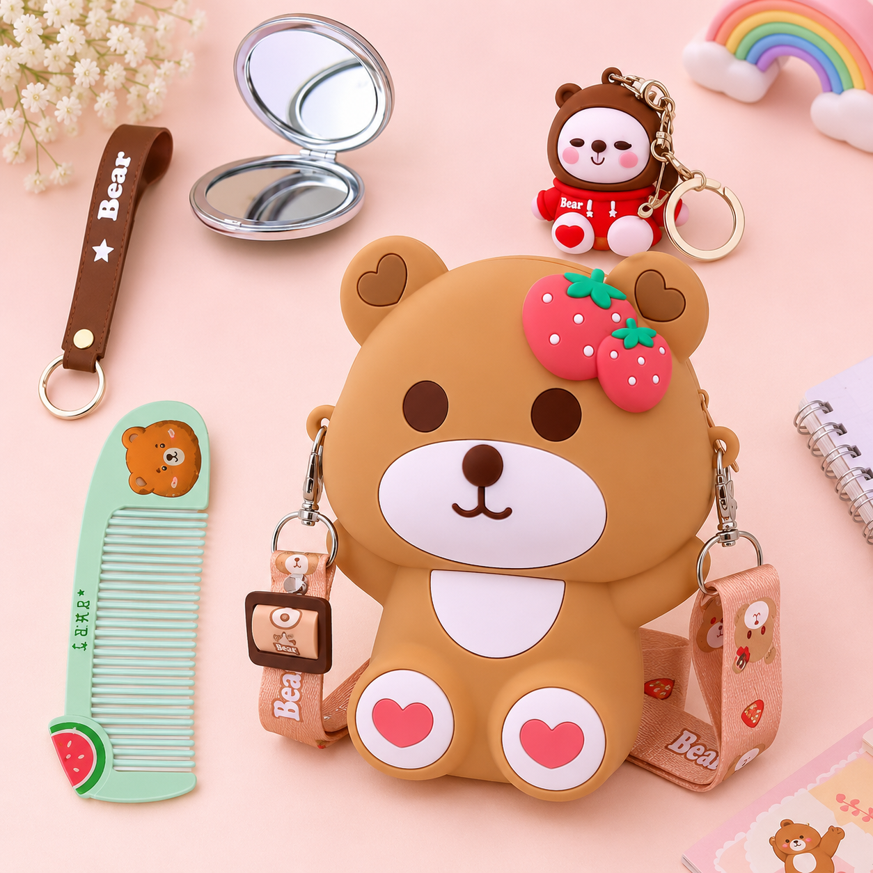 Cute Strawberry Bear Mini Crossbody Bag for Kids with Adjustable Strap & Adorable Keychain | Kawaii Cartoon Sling Bag for Girls | Kids Fashion Accessory & Gift set