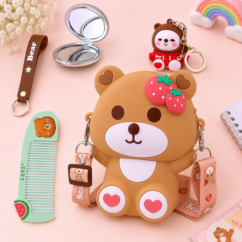 Cute Strawberry Bear Mini Crossbody Bag for Kids with Adjustable Strap & Adorable Keychain | Kawaii Cartoon Sling Bag for Girls | Kids Fashion Accessory & Gift set