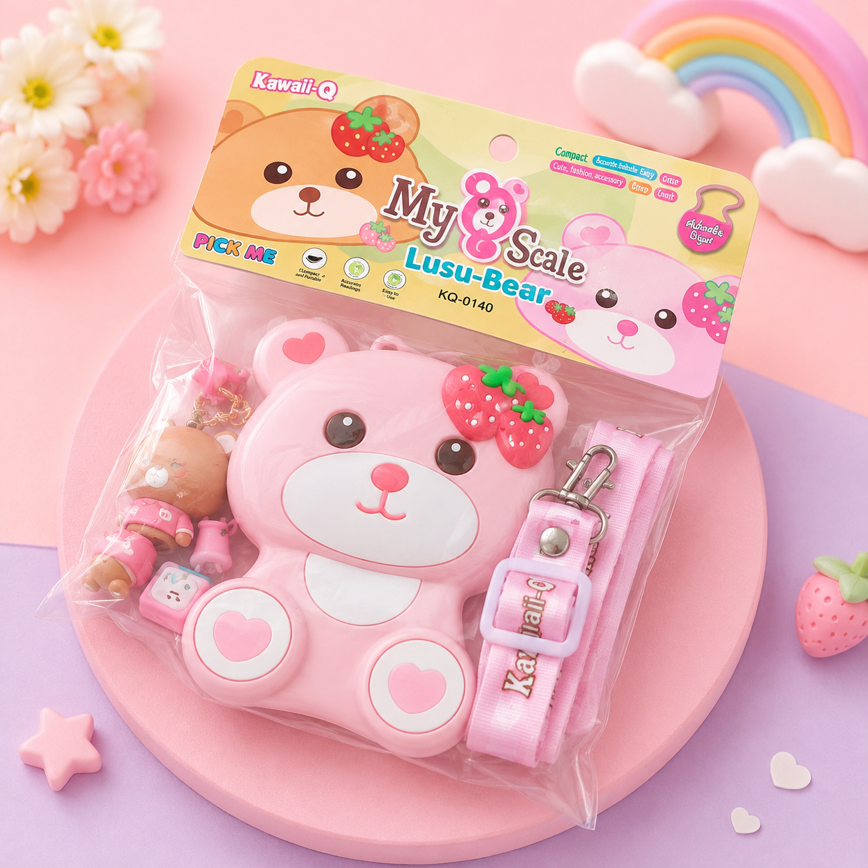 Cute Strawberry Bear Mini Crossbody Bag for Kids with Adjustable Strap & Adorable Keychain | Kawaii Cartoon Sling Bag for Girls | Kids Fashion Accessory & Gift set