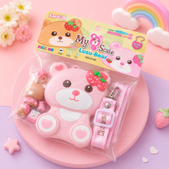 Cute Strawberry Bear Mini Crossbody Bag for Kids with Adjustable Strap & Adorable Keychain | Kawaii Cartoon Sling Bag for Girls | Kids Fashion Accessory & Gift set
