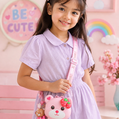 Cute Strawberry Bear Mini Crossbody Bag for Kids with Adjustable Strap & Adorable Keychain | Kawaii Cartoon Sling Bag for Girls | Kids Fashion Accessory & Gift set