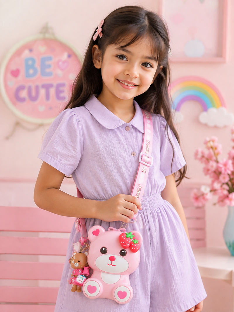 Cute Strawberry Bear Mini Crossbody Bag for Kids with Adjustable Strap & Adorable Keychain | Kawaii Cartoon Sling Bag for Girls | Kids Fashion Accessory & Gift set