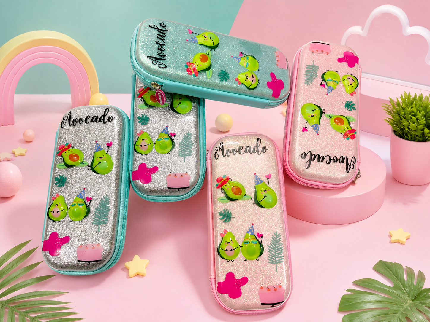 Cute Avocado Glitter Pencil Case for Kids – Spacious Zipper Stationery Pouch for School, Homework & Travel