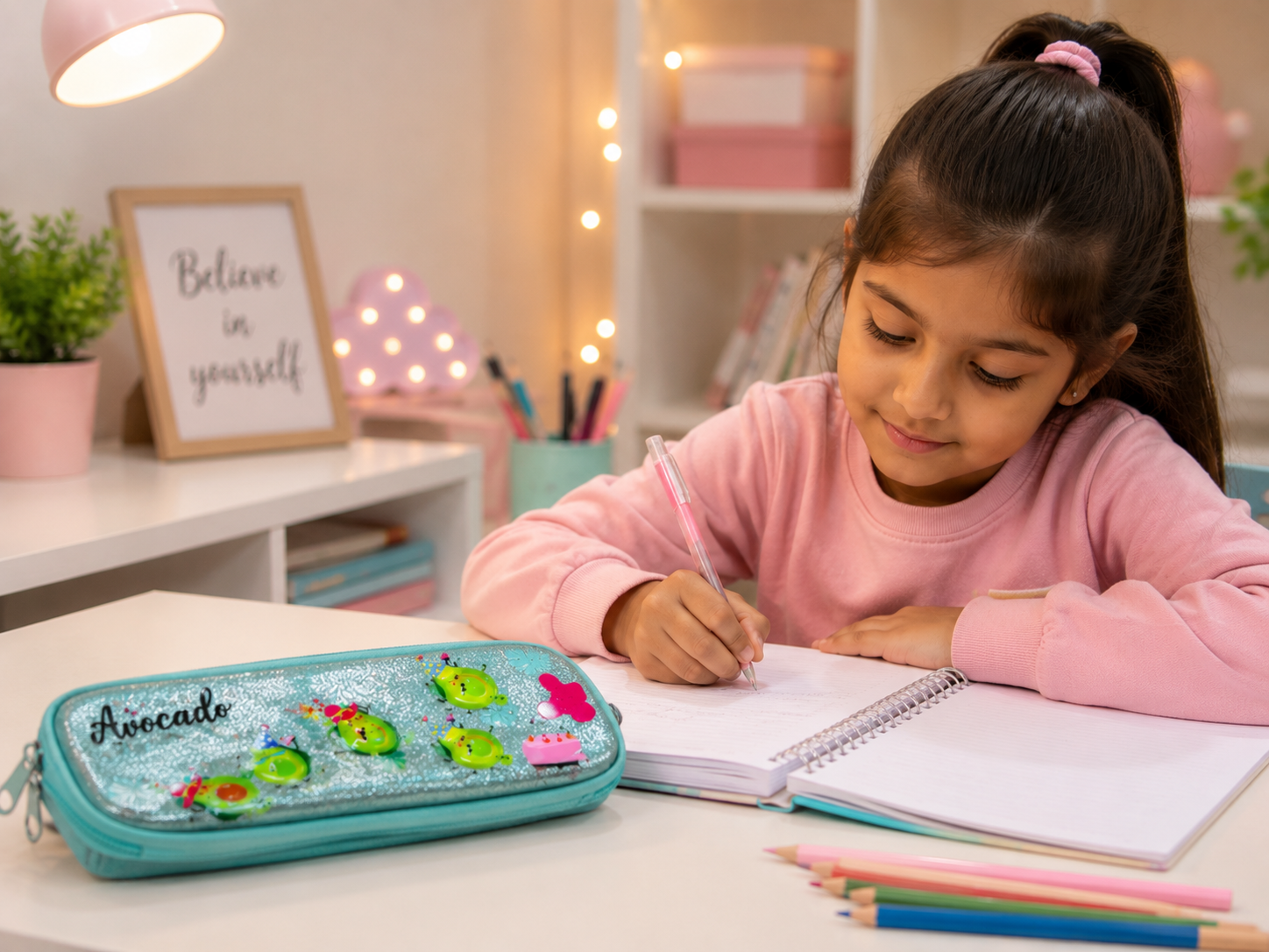 Cute Avocado Glitter Pencil Case for Kids – Spacious Zipper Stationery Pouch for School, Homework & Travel